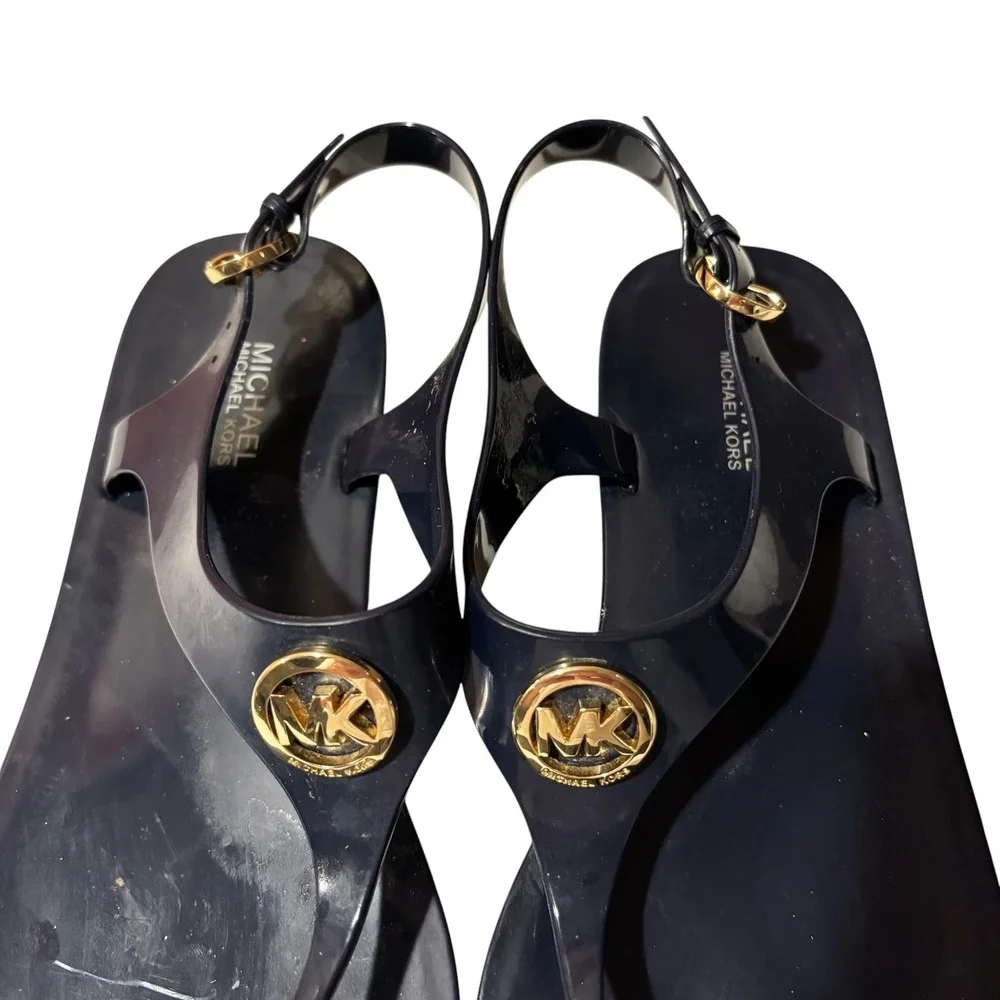 Michael Kors Navy Blue Jelly Sandals MK Logo Gold Medallion Slingback Flats 8M